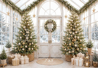 Kate Christmas Greenhouse Gold Star Trees Wreath Presents Printed Backdrop Designed by Emetselch