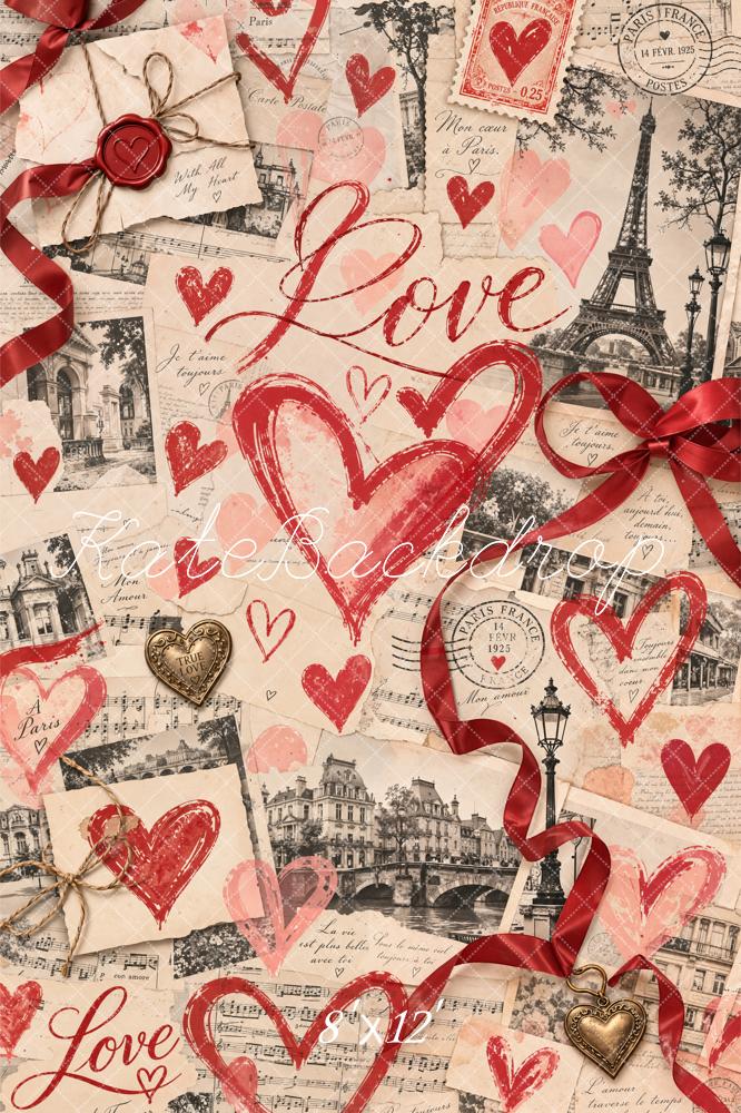 Kate Valentine's Day Newspaper Eiffel Tower Love Hearts Collage Printed Backdrop Designed by Chain Photography