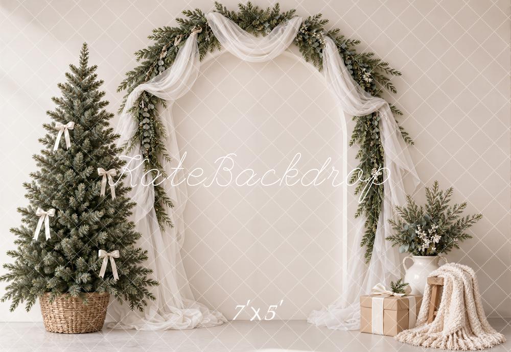 Kate Christmas Tree Evergreen Arch White Drapes Bow Printed Backdrop Printed Backdrop Designed by Emetselch