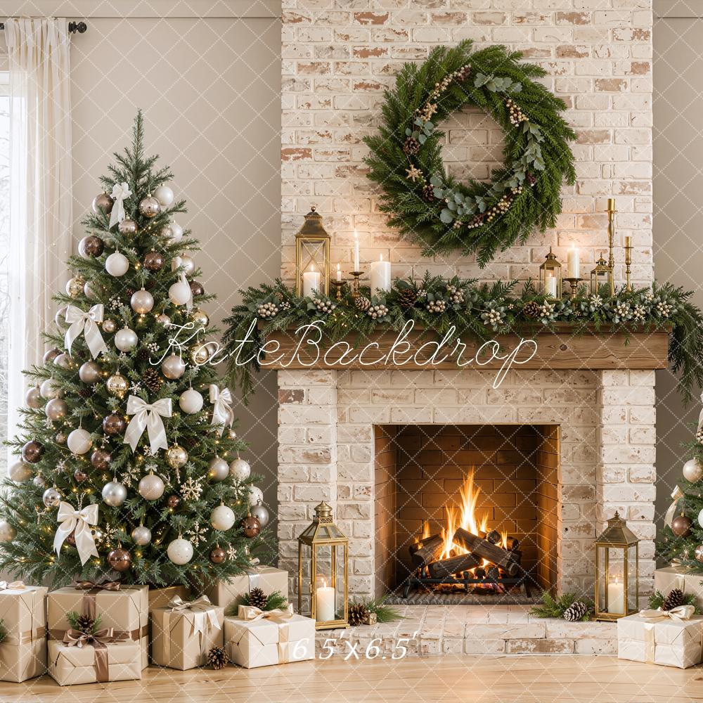 Kate Christmas Brick Fireplace Christmas Trees Wreath Bow Printed Backdrop Designed by Emetselch