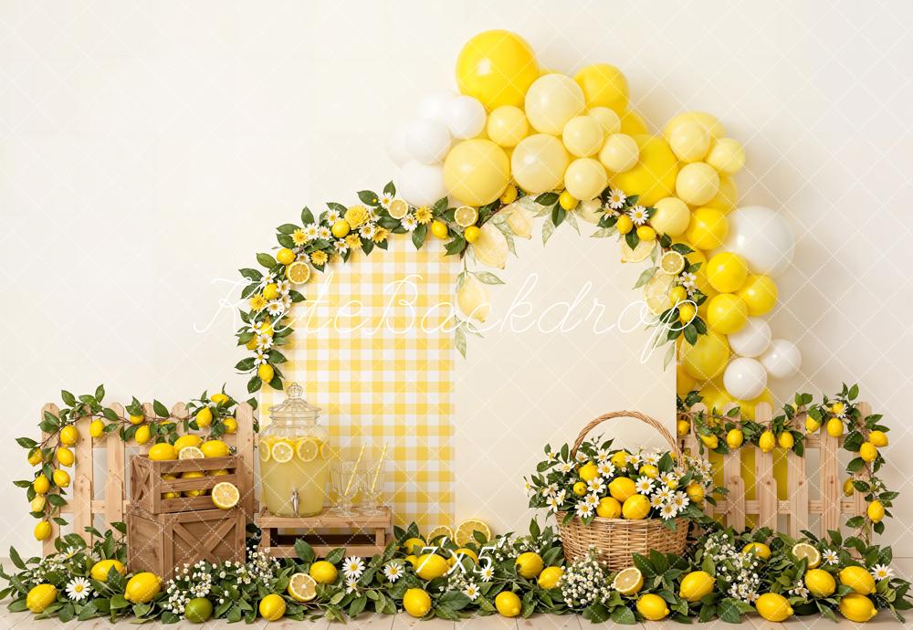 Kate Cake Smash Lemon Balloon Arch Crates and Basket Printed Backdrop Designed by Emetselch