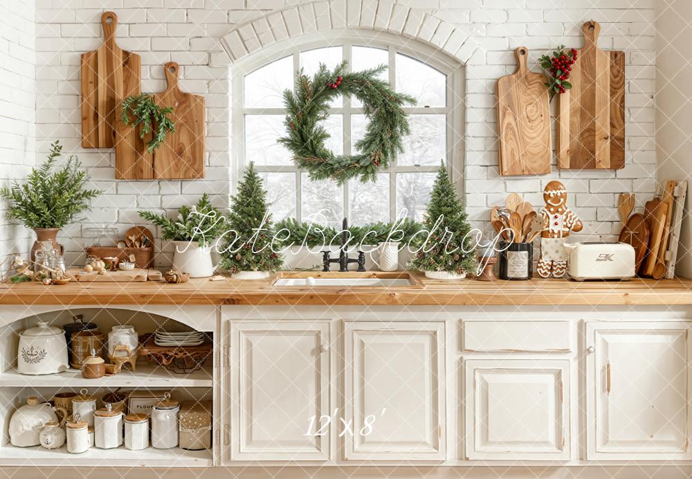 Kate Christmas Kitchen Cabinet Window Wreath Trees Wooden Cutting Boards Backdrop Designed by Emetselch