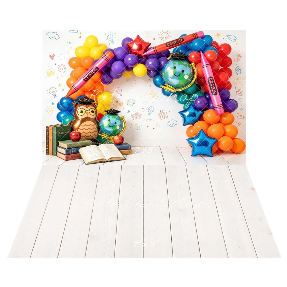 Kate Graduation Balloon Arch Crayons Globe Owl Books Printed Backdrop+White Wood Plank Floor Backdrop Printed Backdrop