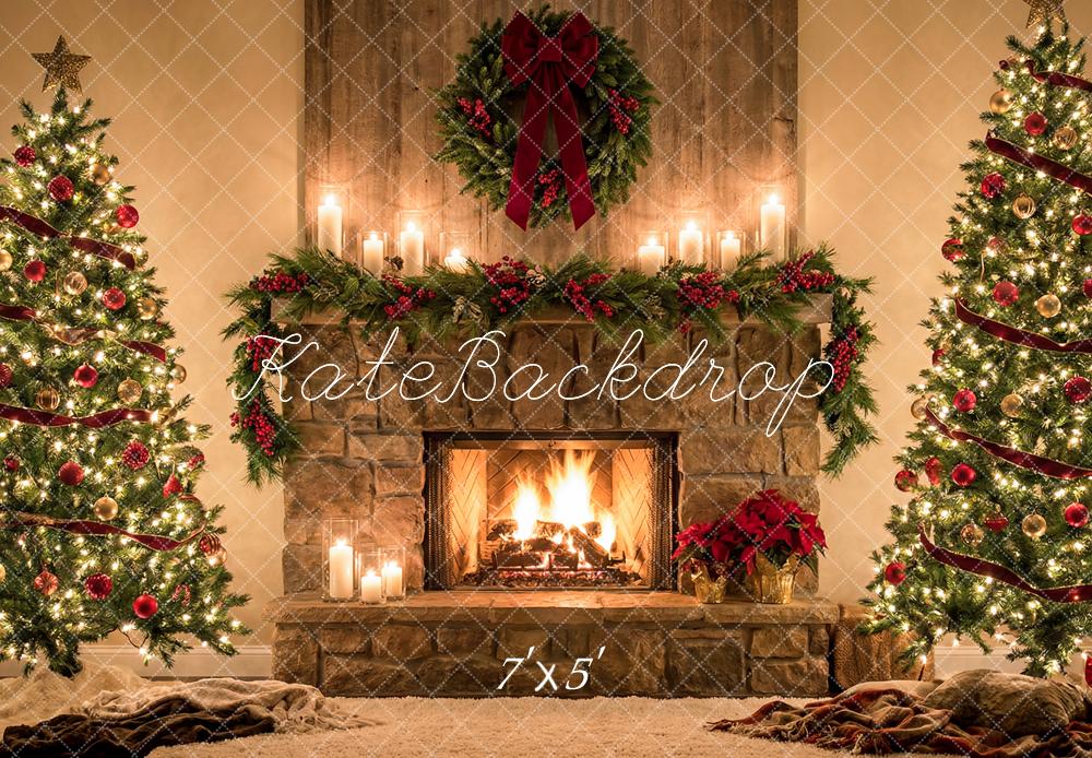 Kate Christmas Tree Stone Fireplace Garland Red Bow Printed Backdrop Designed by Happy Squirrel Design