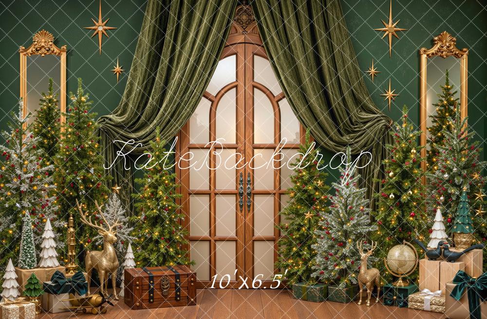 Kate Christmas Trees Green Draped Door Gifts Printed Backdrop Designed by Mini MakeBelieve