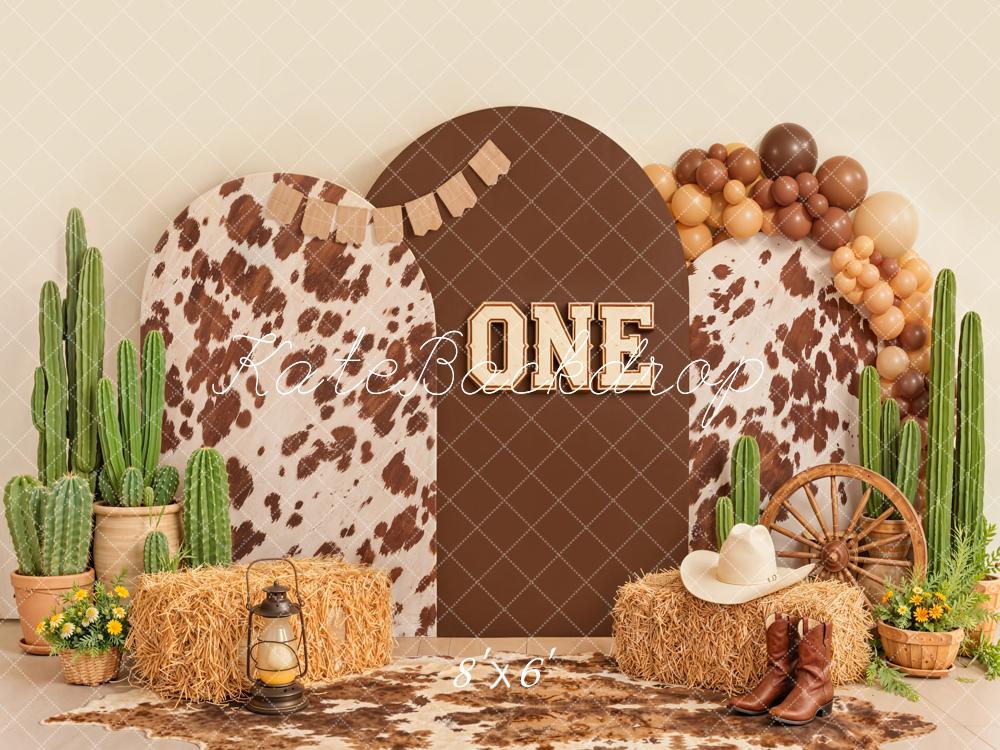 Kate Cake Smash Western Cow Print Cactus Hay One Birthday Printed Backdrop Designed by Emetselch