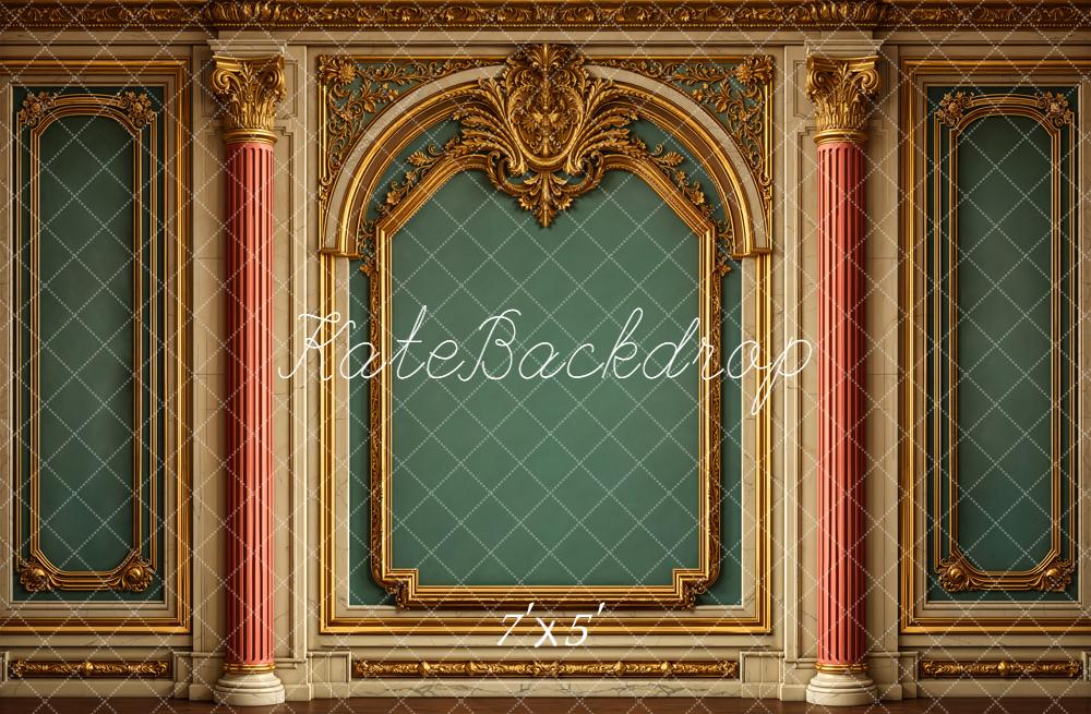 Kate Vintage Ornate Gold Arch Columns Green Wall Printed Backdrop Designed by Emetselch