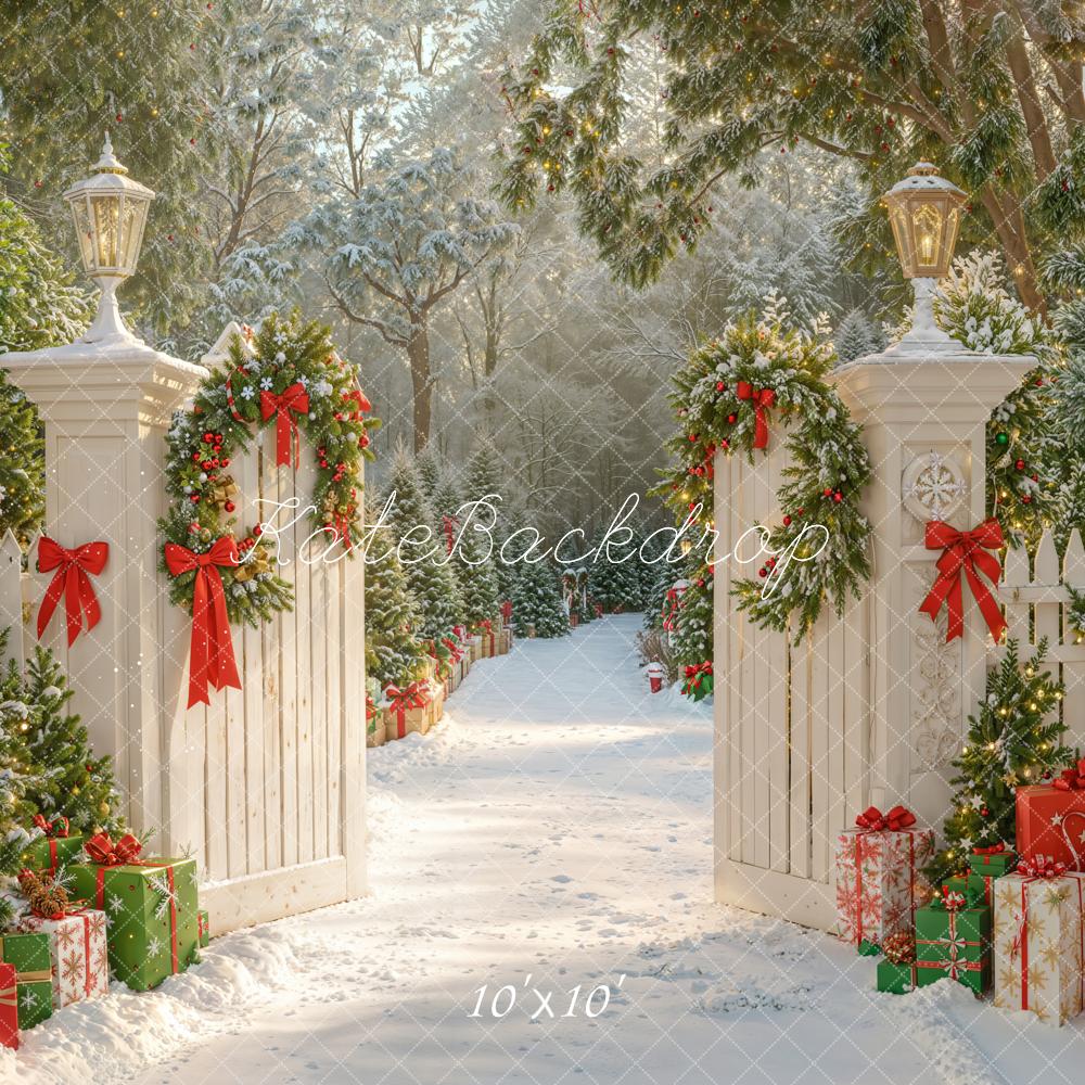 Kate Christmas Snowy Gate Garden Path Bow Backdrop Designed by Emetselch