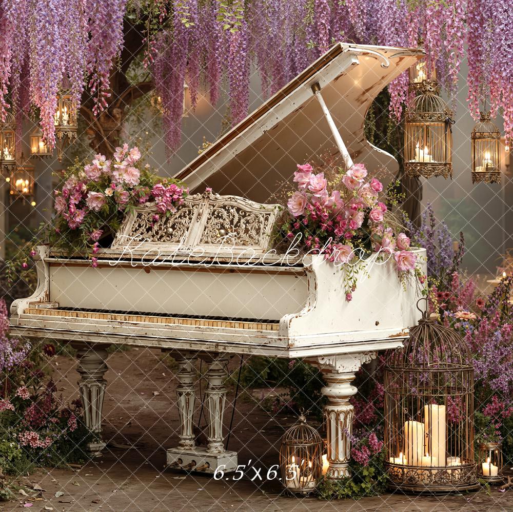 Kate Floral White Piano With Hanging Lanterns And Wisteria Backdrop Designed by Emetselch