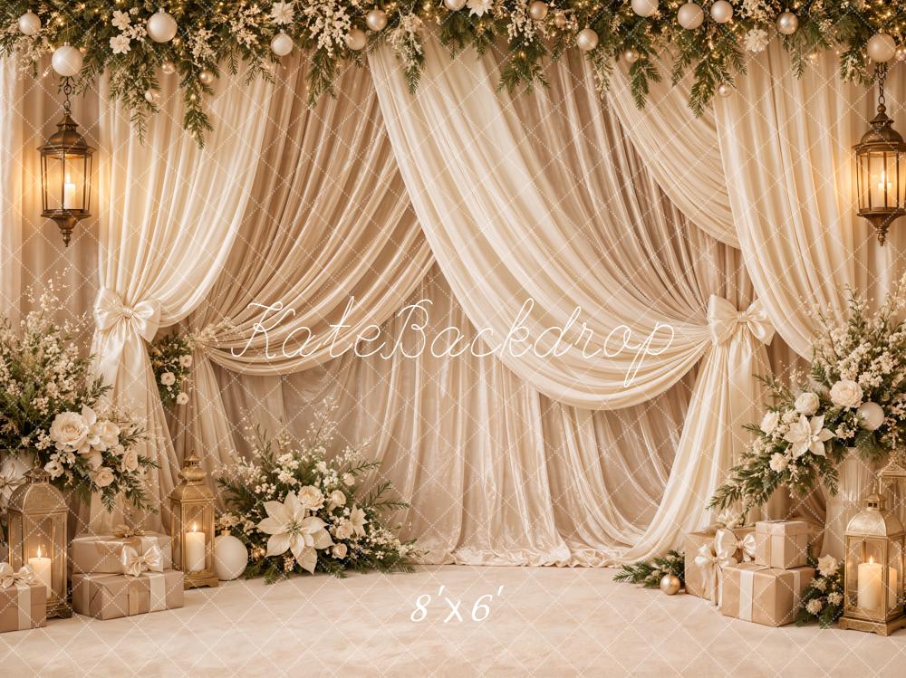Kate Christmas Cream Drapes Garland Lanterns Presents Flowers Printed Backdrop Designed by Emetselch