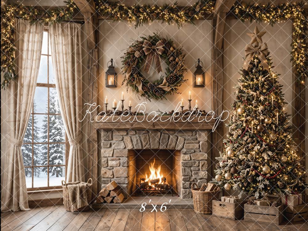 Kate Christmas Rustic Stone Fireplace Tree Window Printed Backdrop Designed by Emetselch