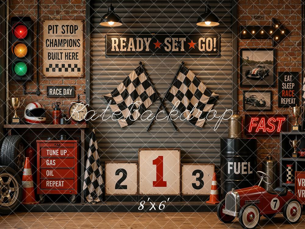 Kate Vintage Racing Garage Vintage Pedal Car Checkered Flags Printed Backdrop Designed by Shutter Swan Studios