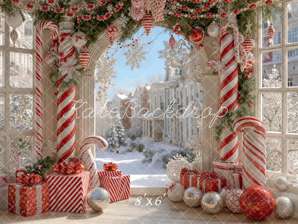 Kerst Snoepstok Boogvenster Foto Achtergrond Designed by Emetselch