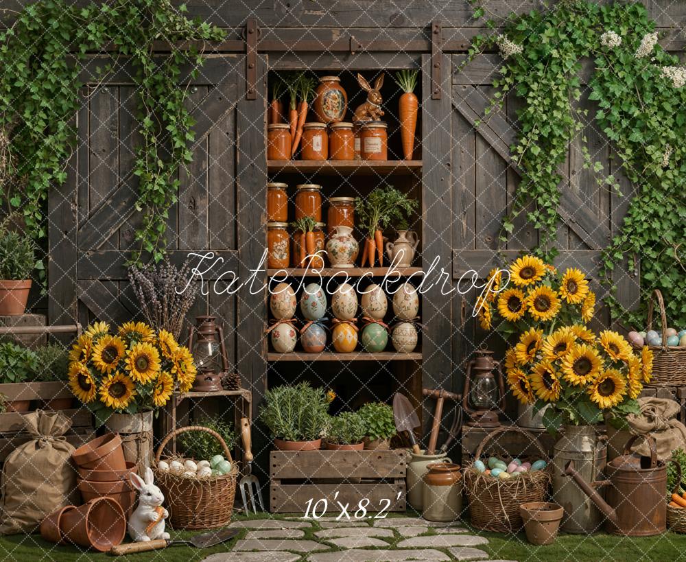 Kate Easter Bunny Sunflowers Rustic Garden Shelf Backdrop Designed by Emetselch