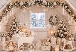 Kate Christmas Trees Beige Nursery Teddy Bears Baby Carriage White Printed Backdrop Designed by Emetselch