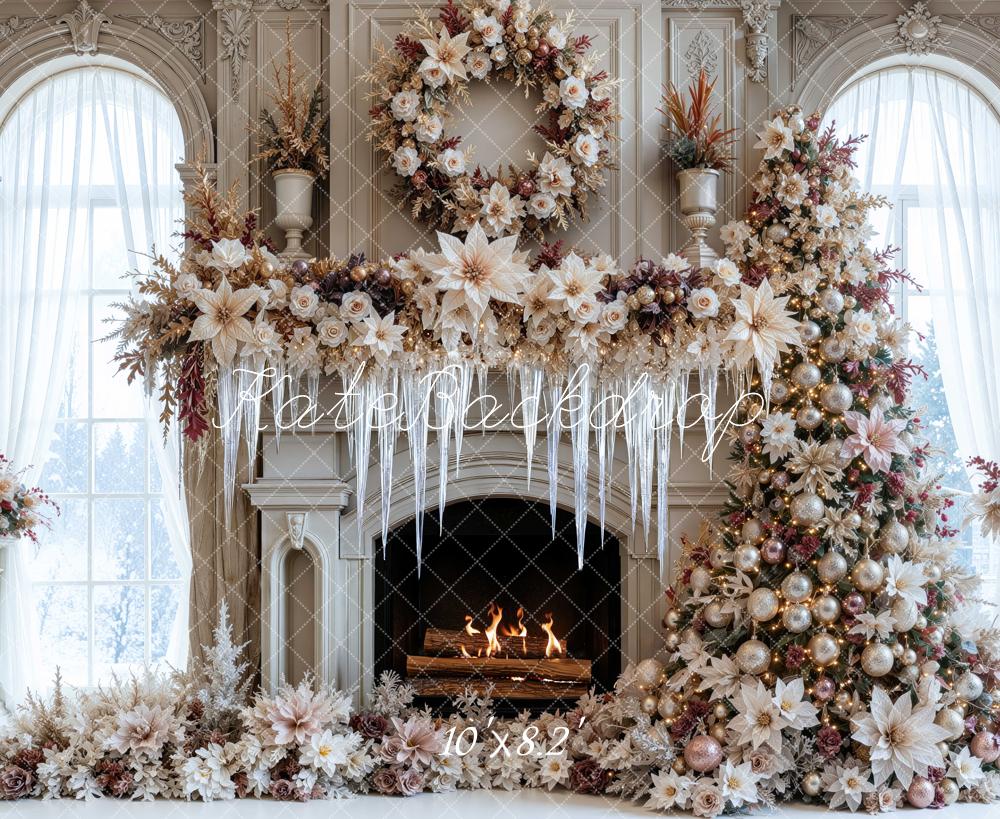 Kate Christmas Tree Poinsettia Frozen Fireplace Wreath Arch Printed Backdrop Designed by Mini MakeBelieve
