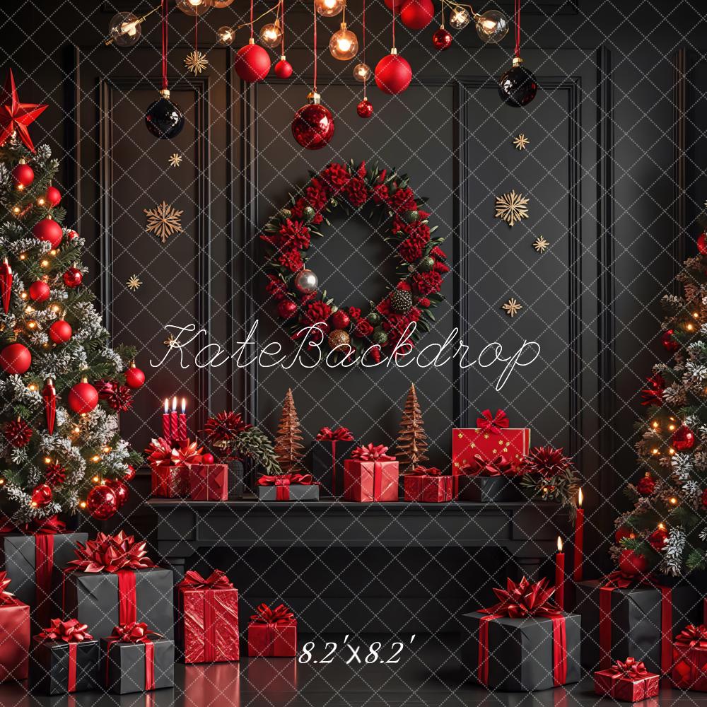 Kate Christmas Trees Black Retro Wall Wreath Gift Boxes Backdrop Designed by Mini MakeBelieve