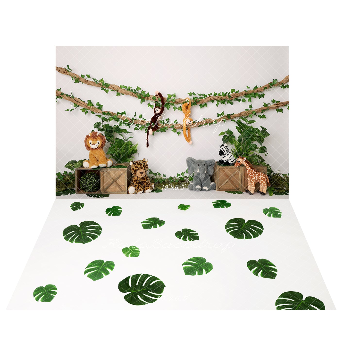 Kate Jungle Stuffed Animals Green Leaves Wooden Crates Backdrop+Green Monstera Leaves Floor Backdrop