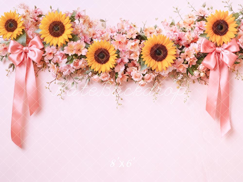Kate Fall Flower Arch Sunflowers Pink Bows Ribbon Printed Backdrop Designed by Angela Miller