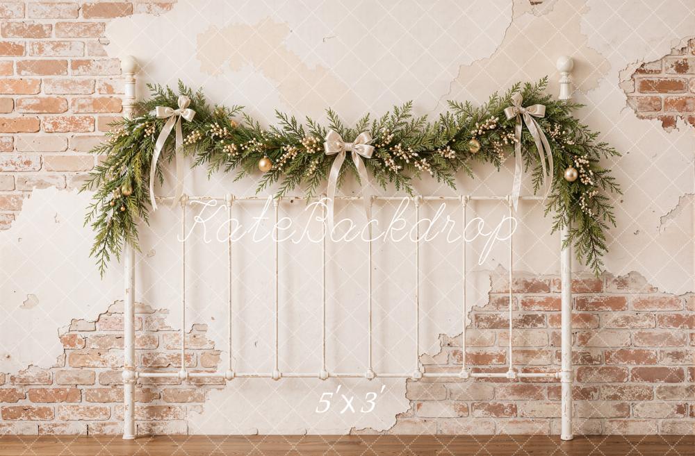 Kate Christmas Vintage Brick Wall Garland Headboard Printed Backdrop Designed by Emetselch