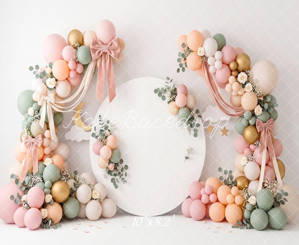 Kate Birthday Pastel Balloon Flower Arch Bow Printed Backdrop Printed Backdrop Designed by Angela Miller