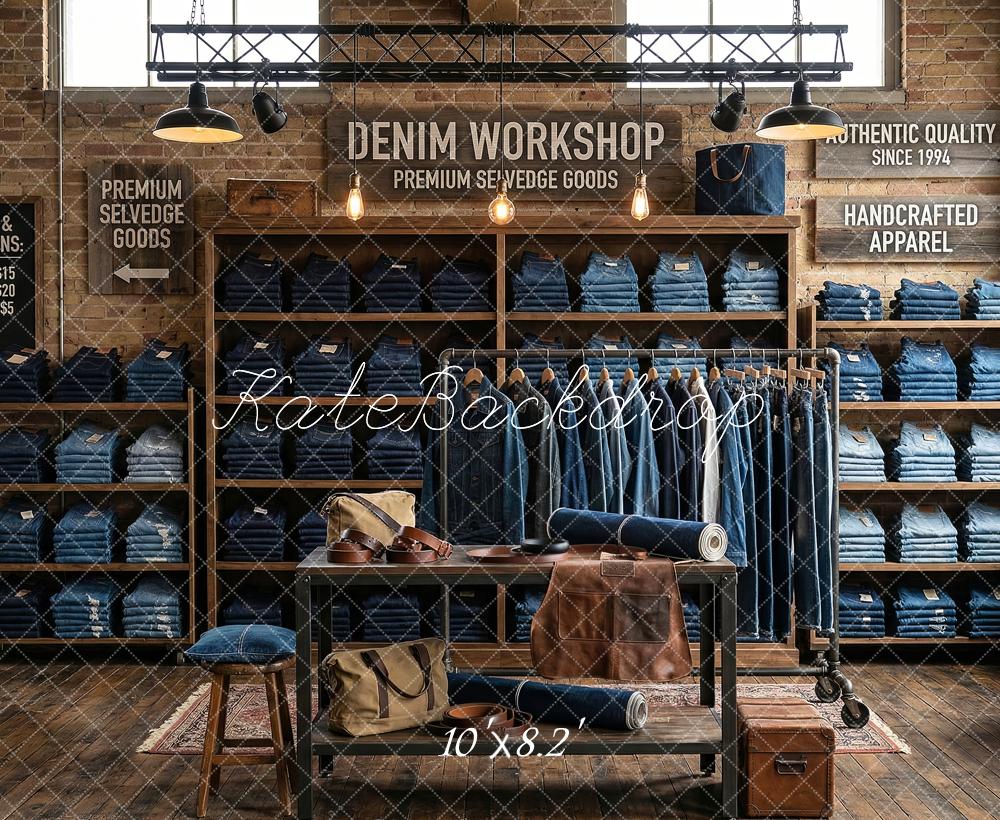 Kate Denim Workshop Brick Wall Shelves Printed Backdrop Designed by Patty Roberts