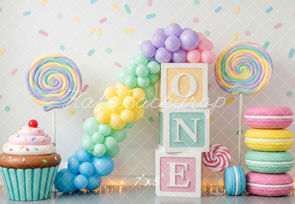 TEST Kate Cake Smash Pastel Balloons Lollipop Macaron Cupcake One Blocks Backdrop Designed by Patty Roberts