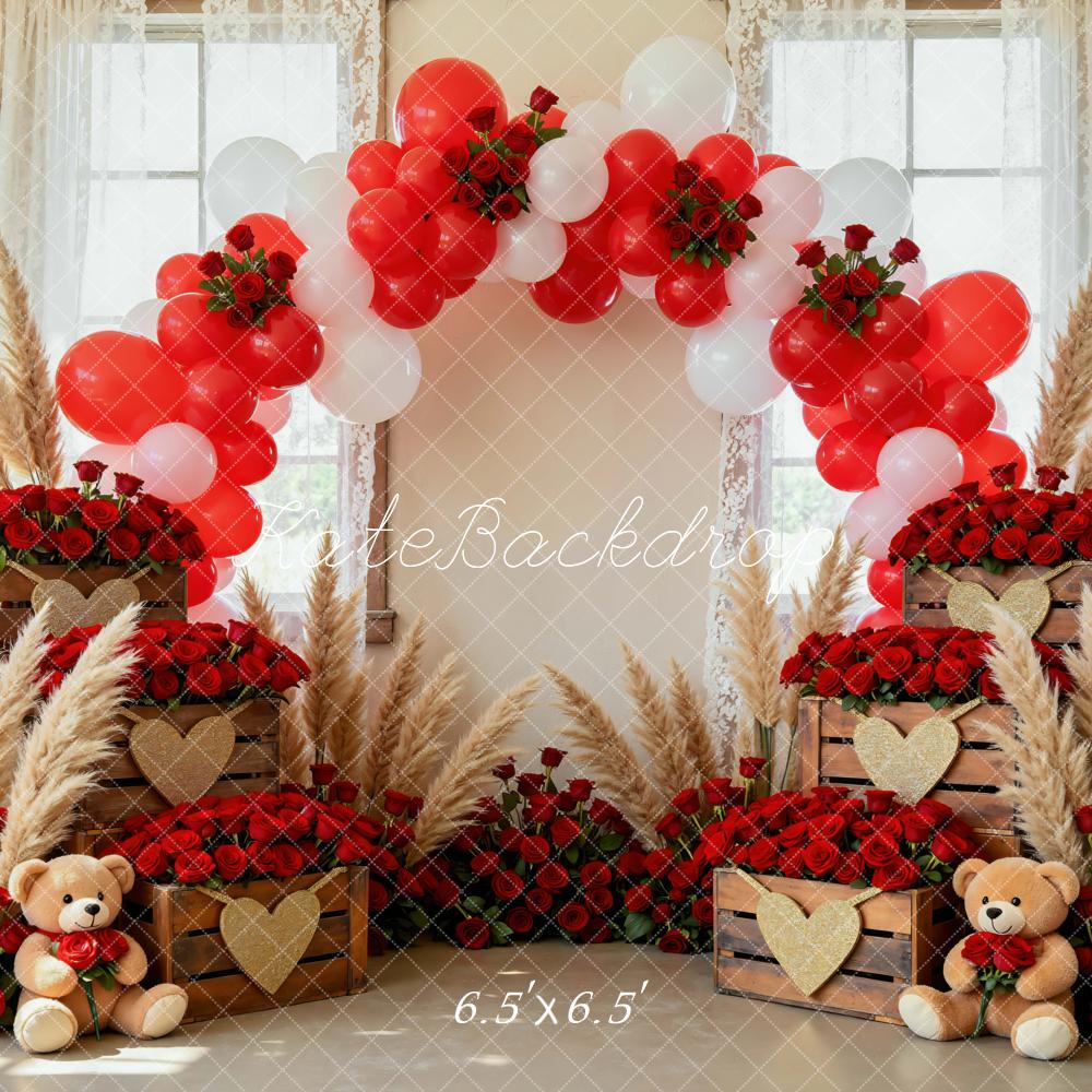 Kate Valentine's Day Balloon Arch Red Roses Crates Teddy Bears Backdrop Designed by Mini MakeBelieve