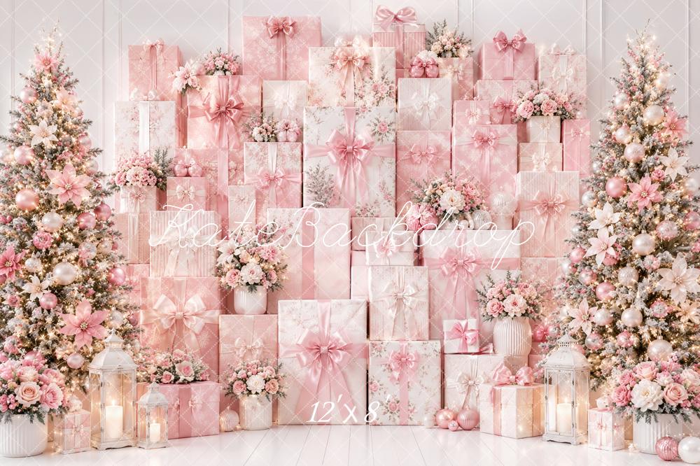 Kate Christmas Pink Gifts Wall Floral Trees Printed Backdrop Designed by Ashley Paul