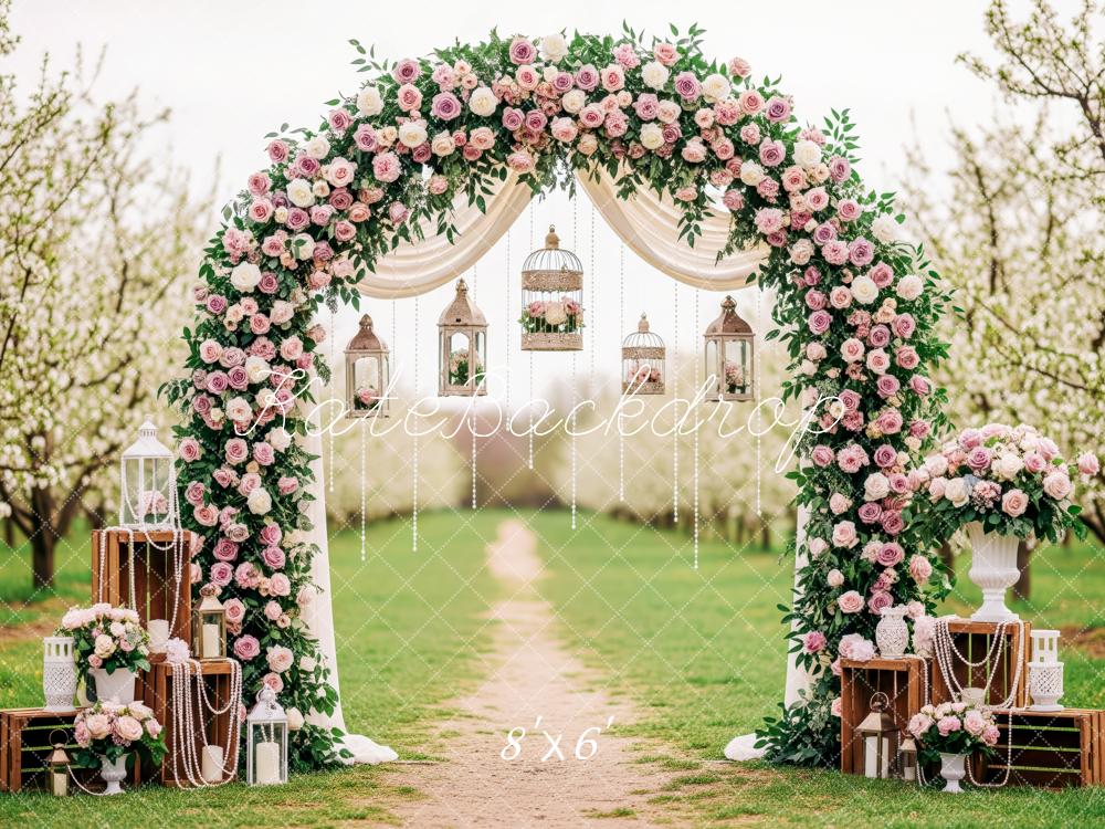 Kate Spring Flower Arch Lantern Birdcage Pink White Roses Printed Backdrop Designed by Patty Roberts