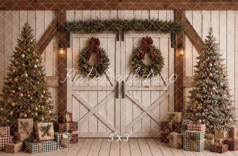 Kate Christmas Barn Doors Trees Wreaths Presents Printed Backdrop Designed by Emetselch