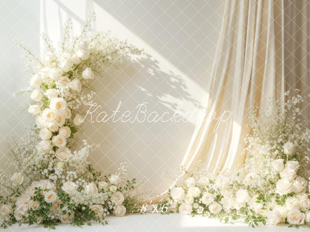 Kate Boho White Flower Arch Cream Roses Drapes Backdrop Designed by Emetselch