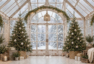 Kate Christmas Vintage Greenhouse Christmas Trees Garland Snowy Printed Backdrop Designed by Emetselch