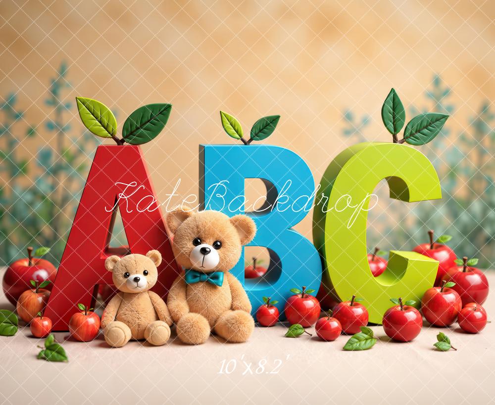Kate Preschool Kids ABC Apple Teddy Bear Printed Backdrop Designed by Laura Bybee