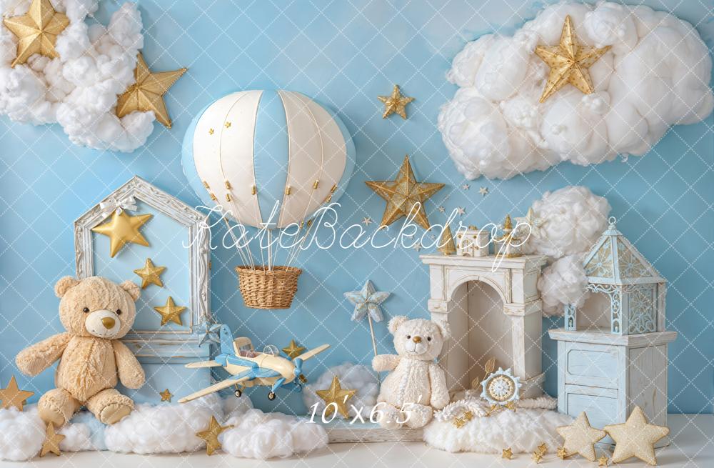 Kate Cake Smash Blue Hot Air Balloon Airplane Teddy Bear Cloud Backdrop Designed by Emetselch