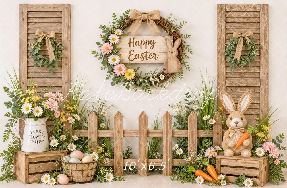 Kate Easter Rustic Garden Wood Fence Bunny Wrearth Printed Backdrop Designed by Emetselch