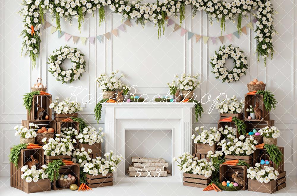 Kate Easter Bunny White Floral Fireplace Crates Printed Backdrop Designed by Mini MakeBelieve