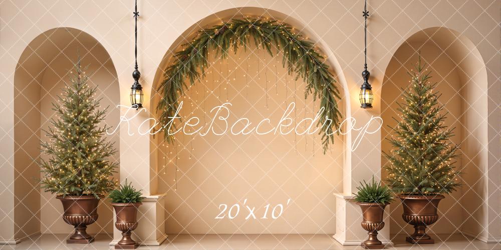 Lightning Deal Kate Christmas Arched Wall Minimalist Greenery Trees Lanterns Printed Backdrop Designed by Emetselch