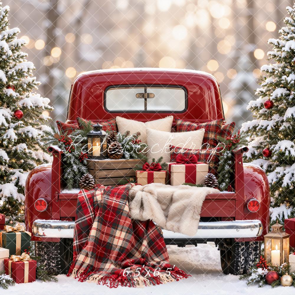 Kate Christmas Red Vintage Truck Snowy Trees Plaid Blanket Printed Backdrop Designed by Emetselch