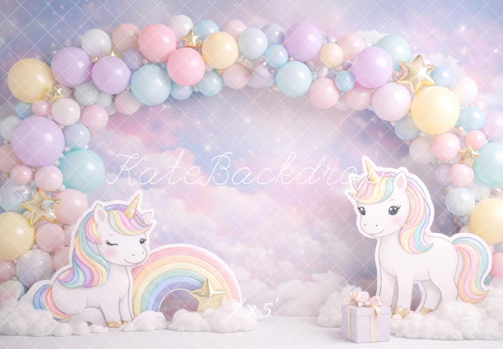 Kate Cake Smash Unicorn Rainbow Pastel Balloon Arch Clouds Backdrop Designed by Megan Leigh Photography