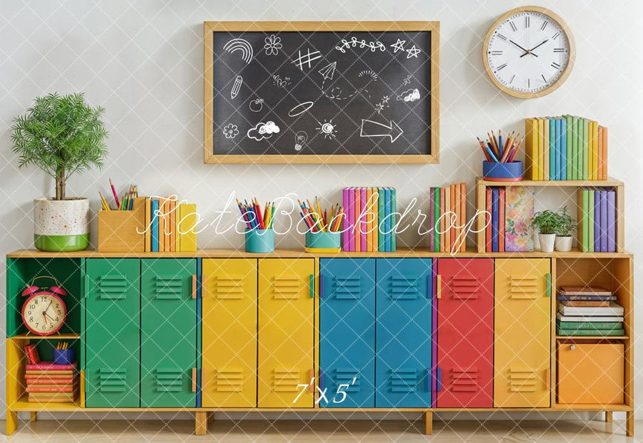 Kate Back to School Colorful Lockers Chalkboard Books Printed Backdrop Designed by Emetselch