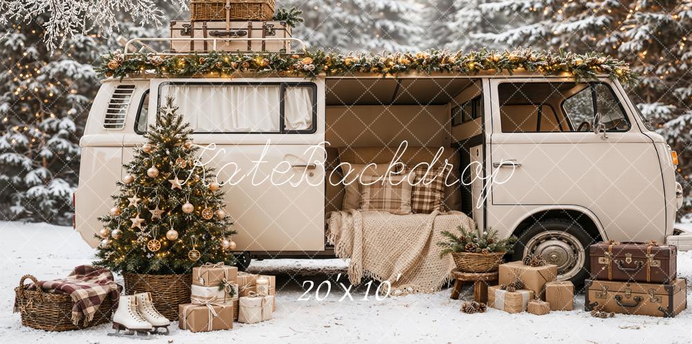 Kate Christmas Tree Camper Van Snowy Forest Gifts Printed Backdrop Designed by Emetselch