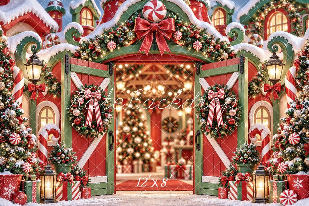 Kate Christmas Fantasy Candy Cane Barn Door Wreath Printed Backdrop Designed by Emetselch