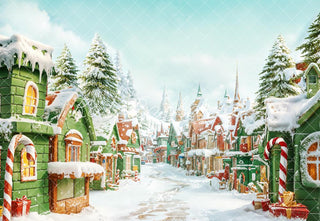 Kate Christma Village Candy Cane Snowy Printed Backdrop Designed by Emetselch