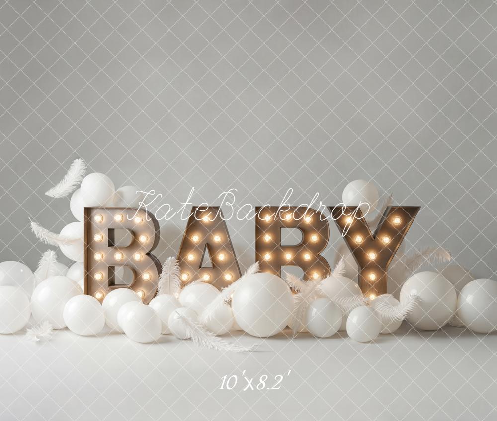 Kate Birthday Baby Marquee Letters White Balloons Feathers Backdrop Designed by Emetselch