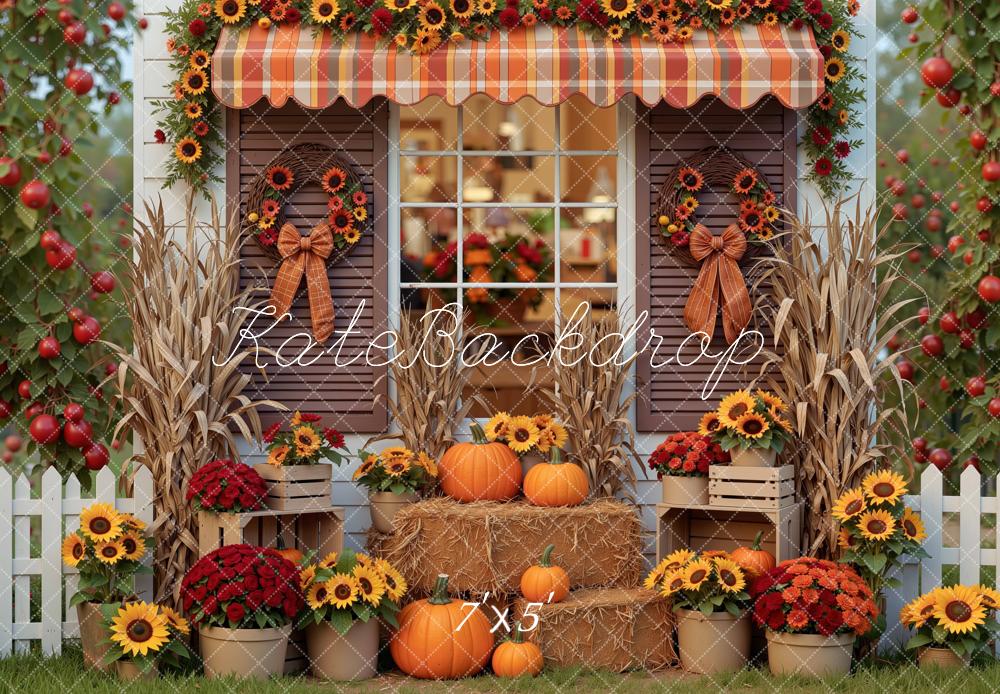 Kate Fall Cottage Pumpkins Sunflowers Hay Bales Window Printed Backdrop Designed by Mini MakeBelieve