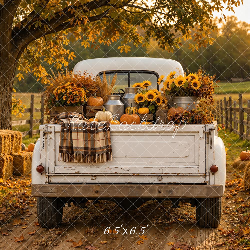 Kate Fall White Truck Rustic Sunflowers Pumpkins Hay Bales Printed Backdrop Designed by Emetselch