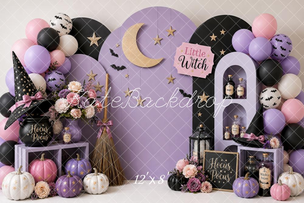 Kate Halloween Birthday Witch Hat Purple Moon Pumpkins Balloons Printed Backdrop Designed by Shutter Swan Studios
