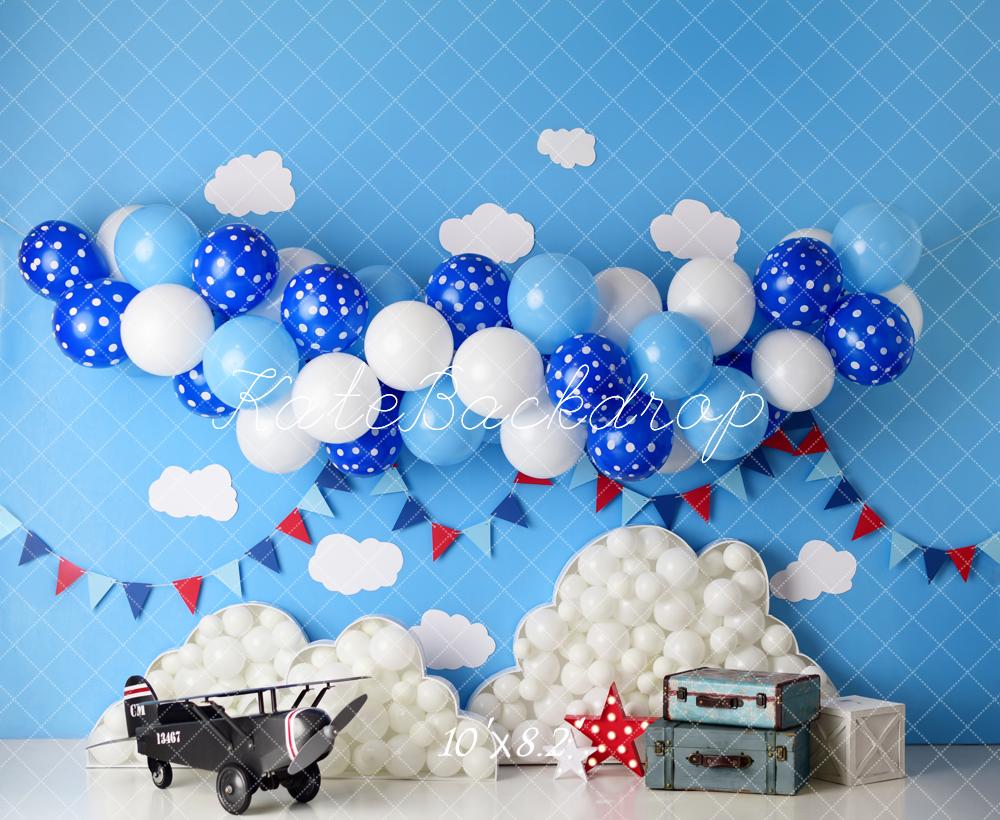 Kate Cake Smash Airplane Clouds Balloons Blue Sky Printed Backdrop Designed by Mandy Ringe Photography