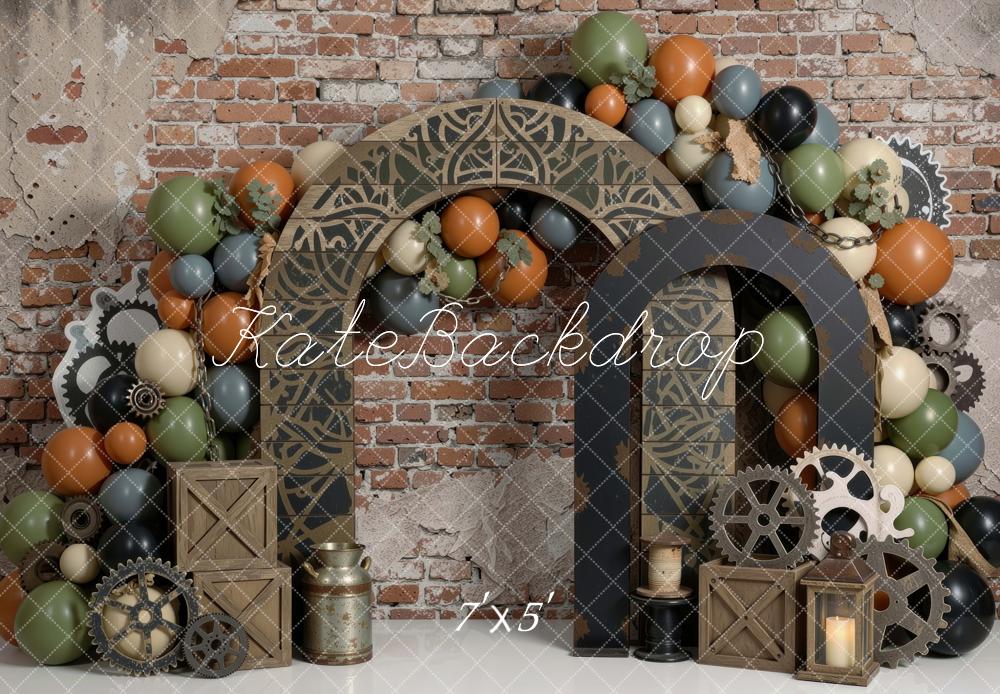 Kate Birthday Steampunk Arch Gears Balloons Brick Wall Boys Printed Backdrop Designed by Mini MakeBelieve
